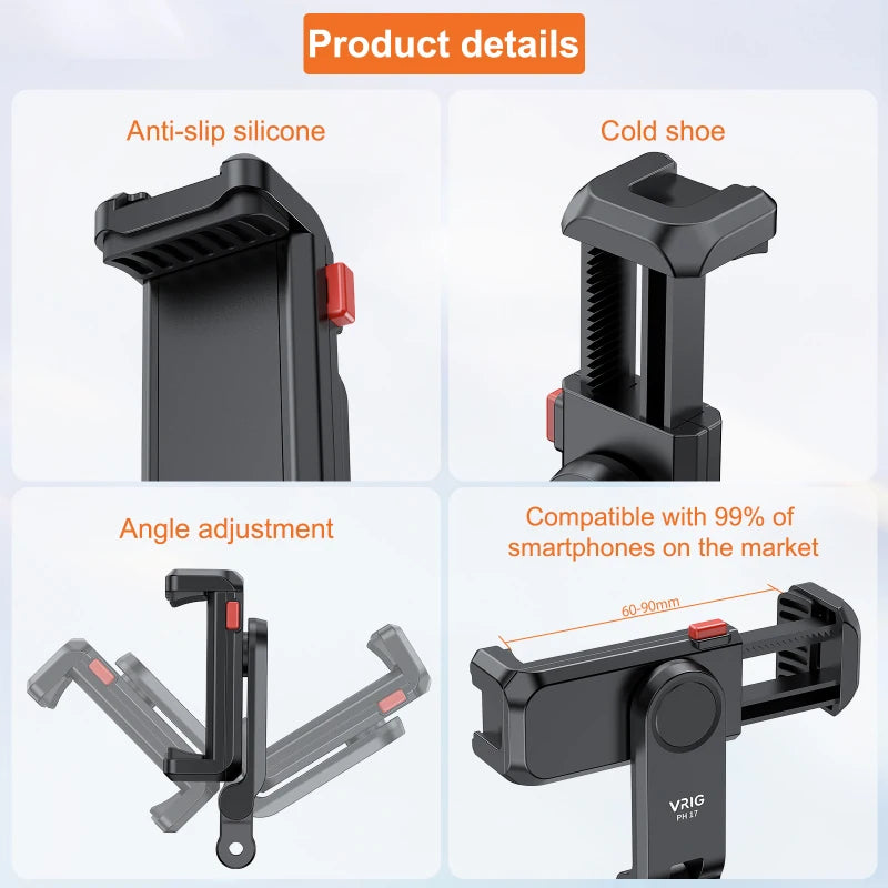 VRIG PH17 Multi-Functional Phone Tripod Mount Phone Holder Phone Clamp 360° Rotatable with Dual Cold Shoe Mounts Accessories