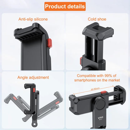 VRIG PH17 Multi-Functional Phone Tripod Mount Phone Holder Phone Clamp 360° Rotatable with Dual Cold Shoe Mounts Accessories