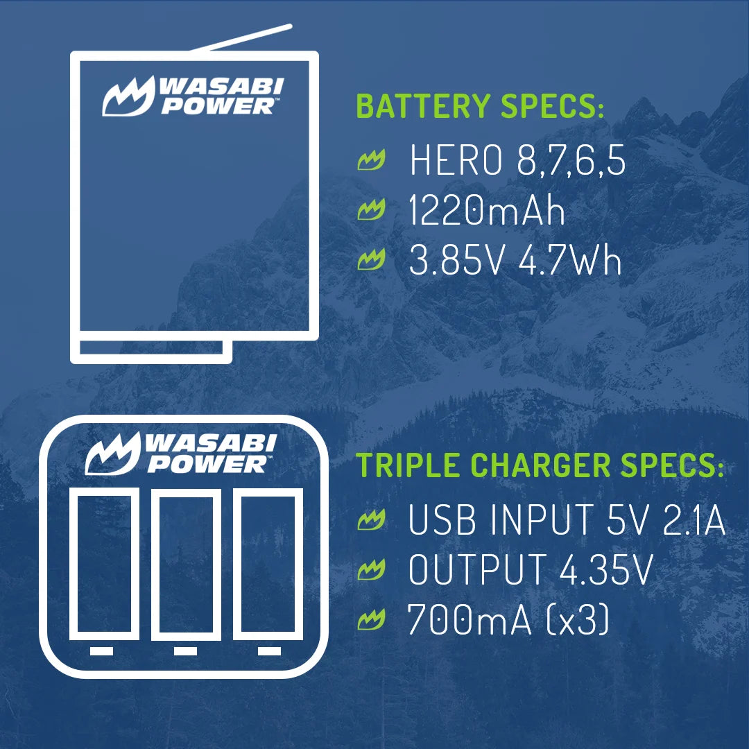 Battery (2-Pack) and Triple Charger for Gopro HERO8 Black (Compatible with HERO7, HERO6, HERO5)